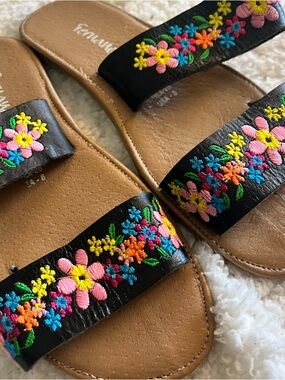 Black Floral Embroidered Slide Sandals - Women